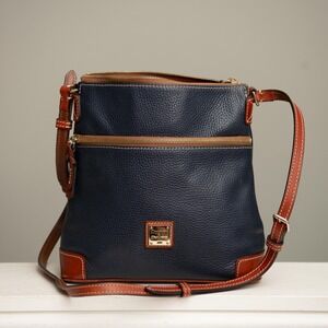 Dooney & Bourke Navy Blue Pebbled Leather Crossbody Bag Brown Trim Timeless